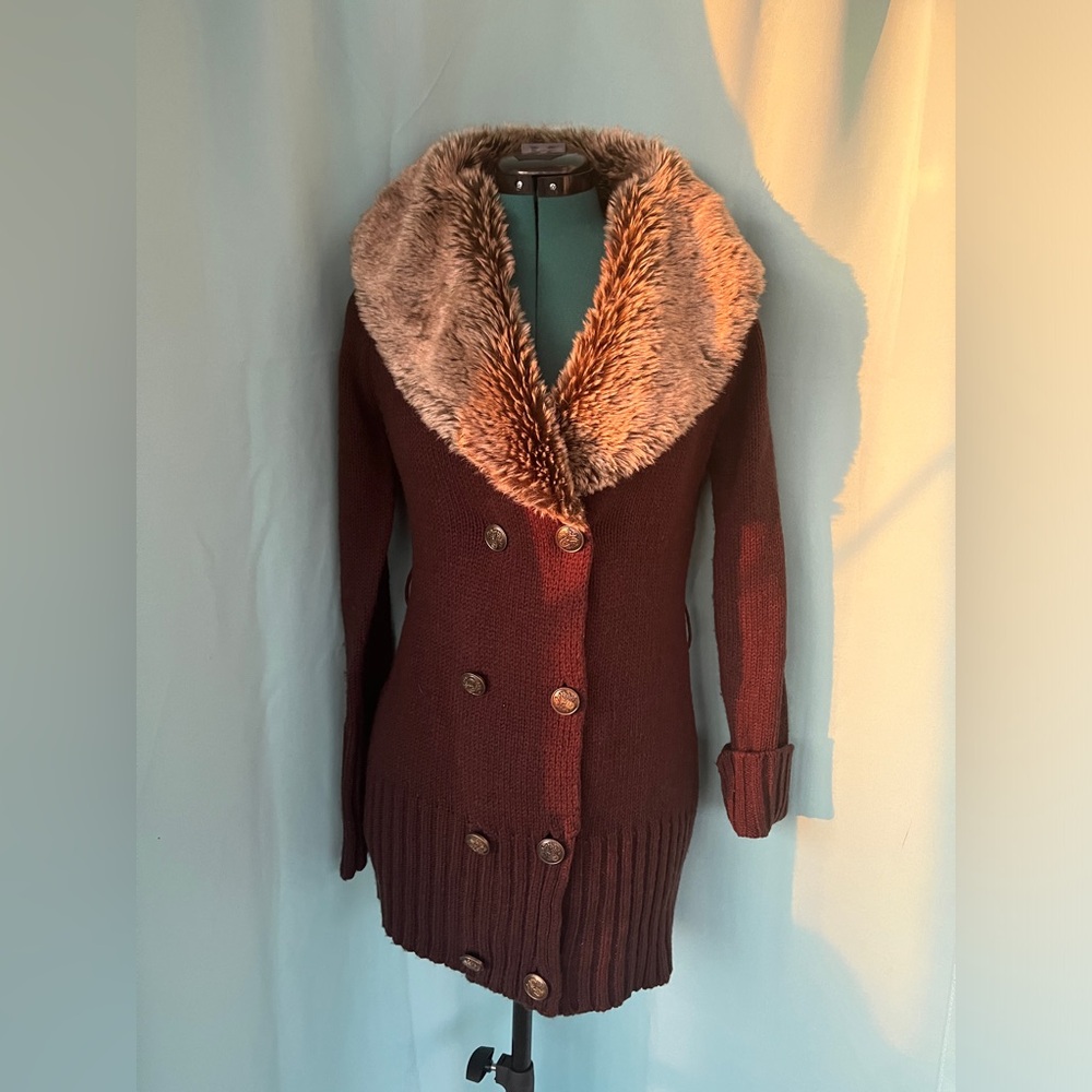 Y2K Boho Grunge Faux Fur Collar Brown Long Knit Coat